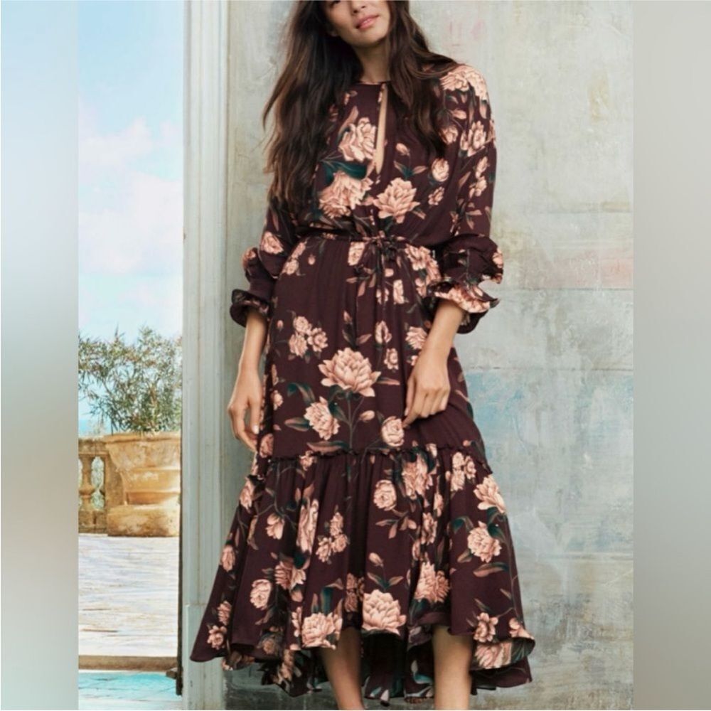 Johanna Ortiz x H&M Floral Long Sleeve Dress in Dark Brown, M
